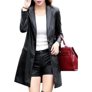 Tanming Womens PU Faux Leather black long Suit Trench Coat Outerwear